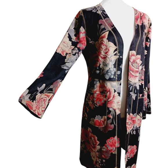 Solitaire, Anthropologie, Faux Suede Open Long Jacket, Gray/Brown w/ Floral, MED - Picture 6 of 16